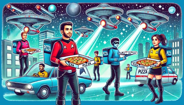 Futuristic red-and-blue Star Trek delivery scene with Lt. Commander Data-inspired characters carrying pizza boxes amid glowing ships and city lights.