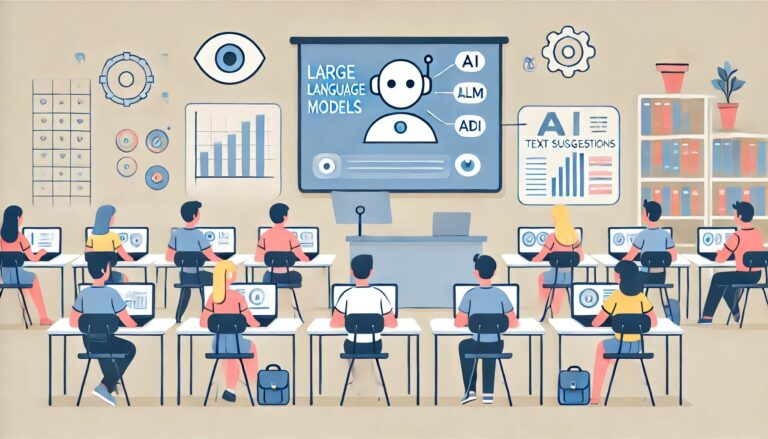 Illustration of large language models in education with ChatGPT, BERT, Claude and AI concepts on screens and lesson displays for learning scenarios.