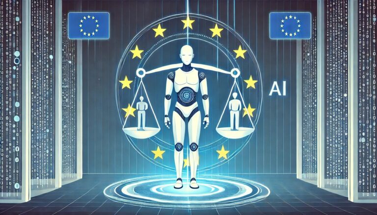 Illustration of the Artificial Intelligence Act concept with European Union stars, an AI robot holding scales, and neon-blue regulatory symbols.