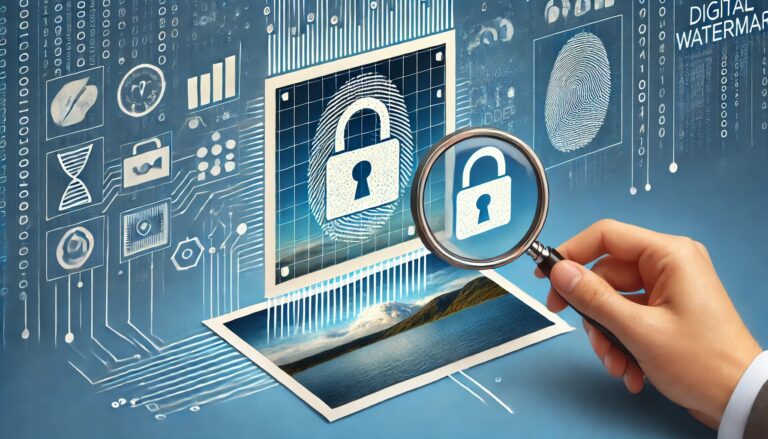 Blue digital watermarking with fingerprint and lock symbols under a magnifying glass, highlighting online plagiarism attempts and copyright proof easily.