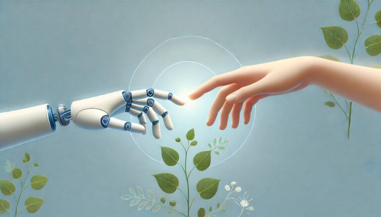 Two hands—an AI robotic hand and a human hand—reach toward each other beside green leaves, reflecting human-centric AI ethics.
