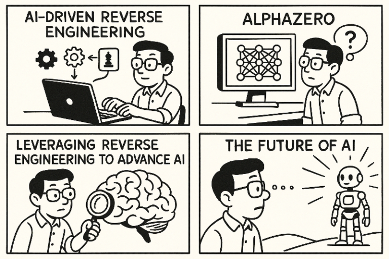 Cartoon comic panels showing AI-driven reverse engineering and AlphaZero, with black-and-white circuits, code analysis cues, and question marks.