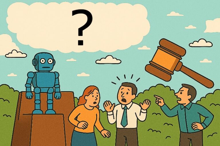 A blue robot raises concern as a gavel looms above the question of AI exceptionalism and regulatory delay, with Meta LLaMA and Stability AI themes.