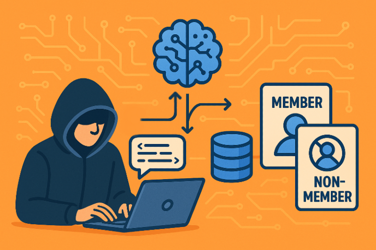 An orange data-privacy illustration shows a hooded figure comparing MEMBER and NON-MEMBER signals, explaining how AI models can leak training data patterns.