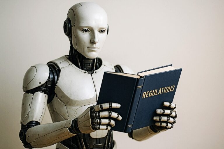 A robot holding a “REGULATIONS” book, reflecting AI governance and international cooperation, ethics, and compliance across European Union and China.