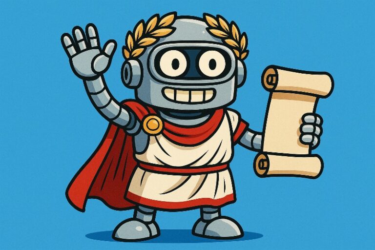 Caesar robot in a role-play scene with a red cape and laurel crown, holding a scroll against a blue background.