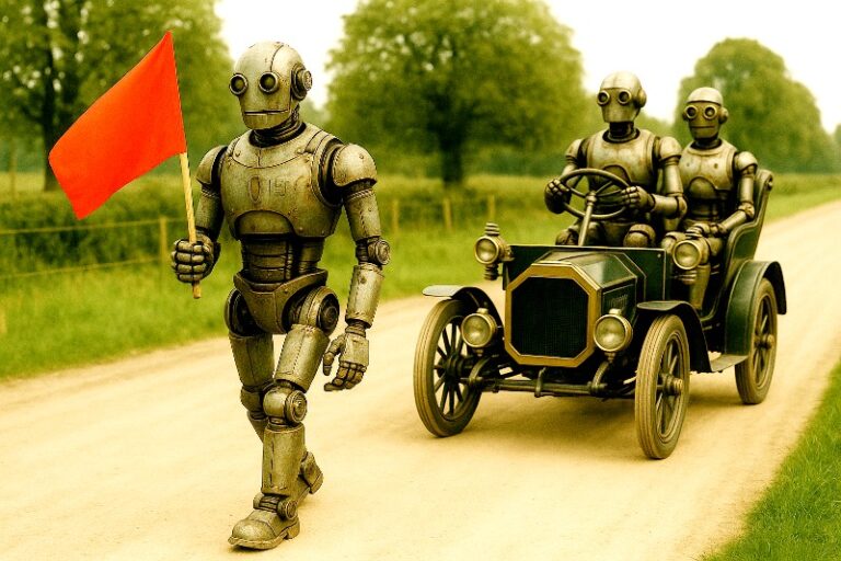 Orange flag waving beside vintage robot technology and carriage wheels, reflecting “Is AI Exceptional After All?” debates on AI Act regulation.