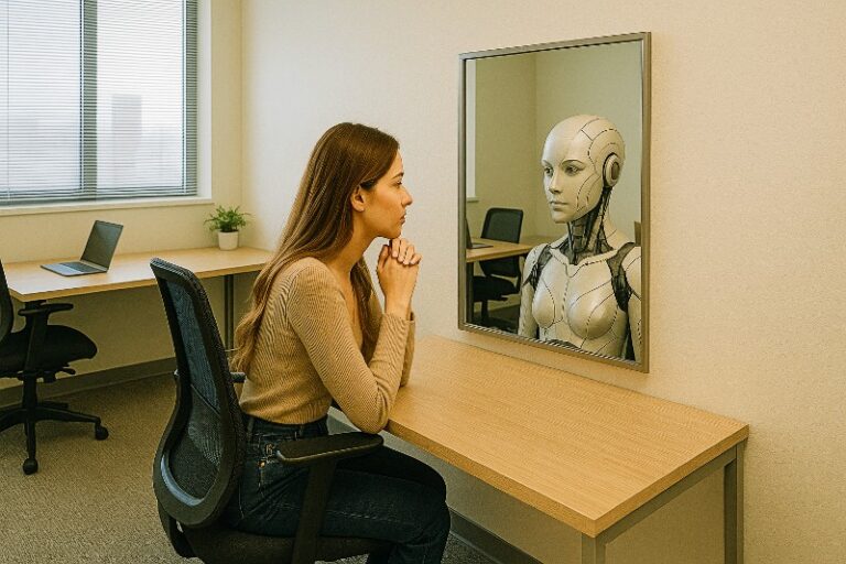 A person studies an AI mirror on a framed screen in a beige office, reflecting questions about AI creativity and what it all might mean.