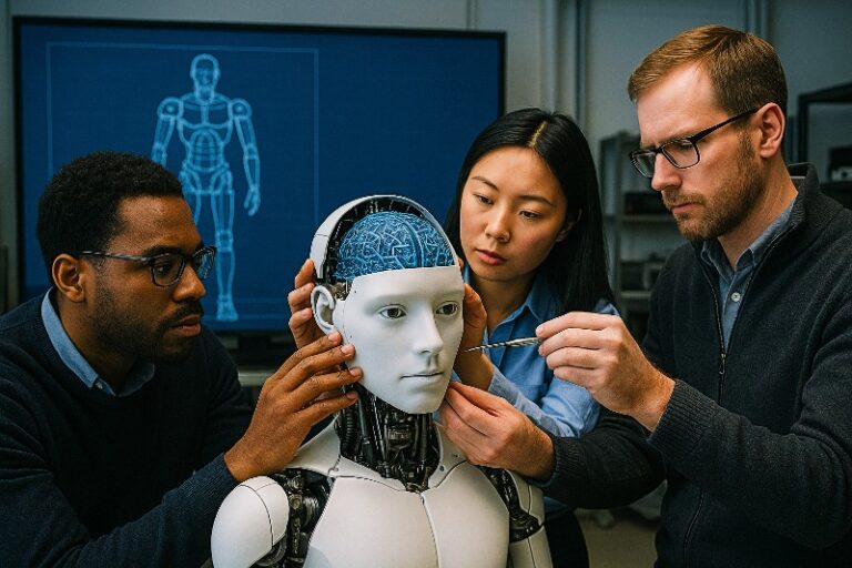 A team discussing Open-Source AI and digital minds around a white humanoid robot head, with blue technical visuals and people wearing glasses