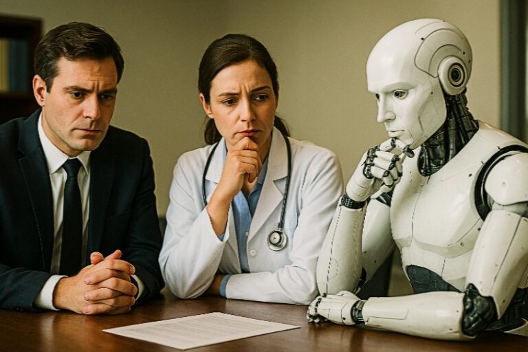 In a clinical meeting, doctors and a humanoid robot face the AI ethical dilemma of medical and legal ethics, weighing harm and justice.