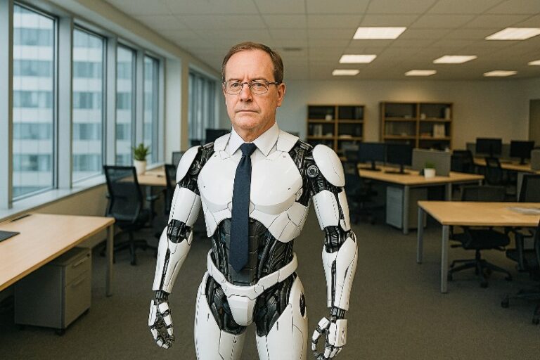 Humanoid robot in office attire with tie, representing the Peter Principle where AI-enhanced performance can distort promotion decisions.