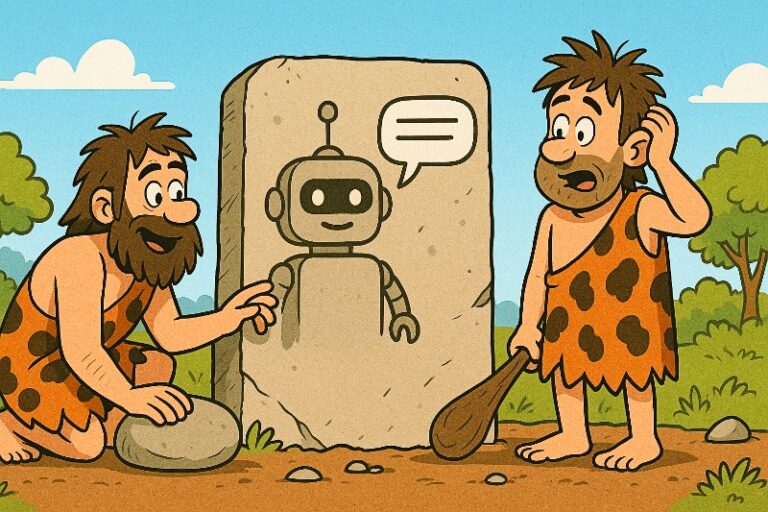 Cartoon cavemen talk to a stone-era chatbot, showing the evolution of conversational AI from ELIZA to modern assistants like ChatGPT and Siri.