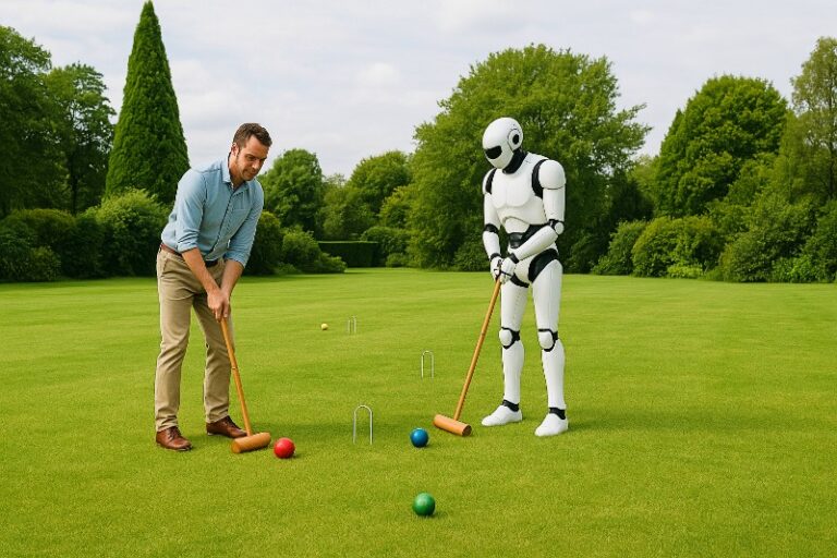 Green lawn croquet with a white robot and a human player, illustrating how gamification can inspire AI developers to build responsibly with missions, feedback, recognition.