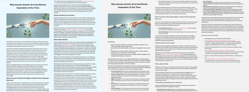 Side-by-side comparison of the original blue post and the grey GEO rewrite, including the headline Why Human-Centric AI Is the Ethical Imperative of Our Time.