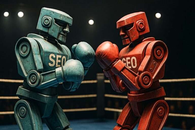 Dueling teal and red robots marked SEO and GEO, reflecting GEO trust and citations by generative AI engines like Gemini and Perplexity AI.