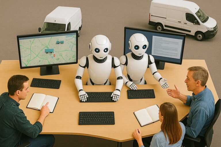 White robotic AI agents at work coordinate planning on multi-screen dashboards, while a team reviews maps and documents with keyboard control.