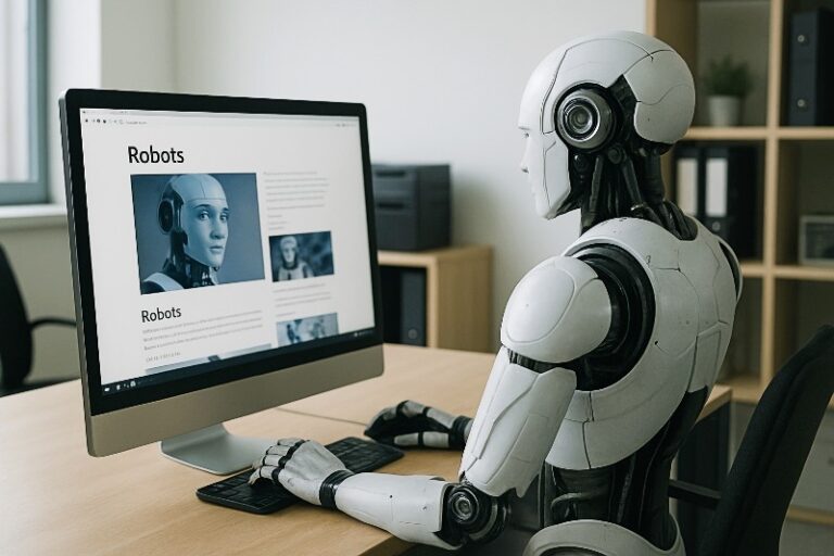 A white robotic humanoid robot sits at a desk beside a monitor showing the word “Robots”, connecting GEO vs SEO thinking through AI answers.