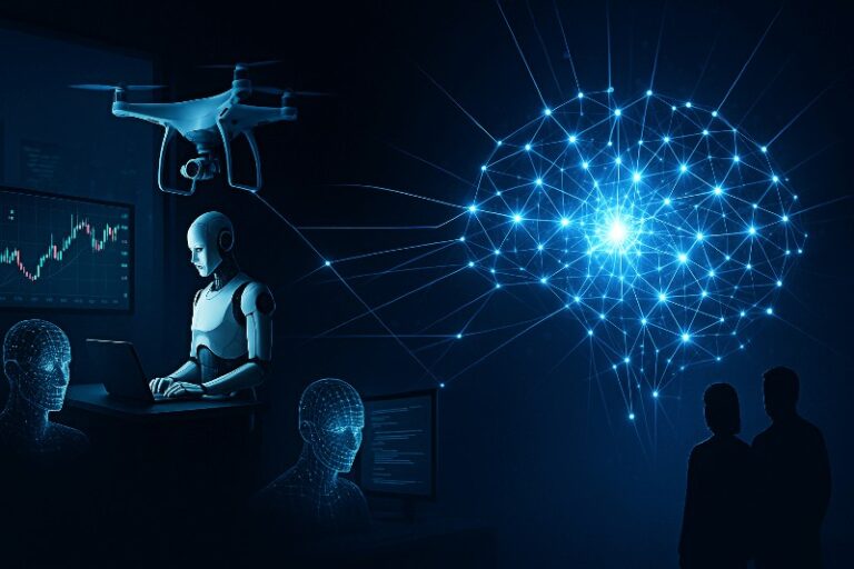 A blue neon network of connected nodes surrounds autonomous AI systems and agents, reflecting the shift discussed in AI Agents vs Agentic AI.
