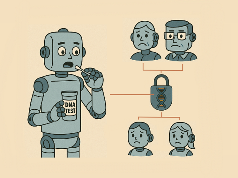 Illustration for The Consent Illusion showing a DNA test canister and DNA helix beside a lock icon, plus face icons that imply consent isn’t control.