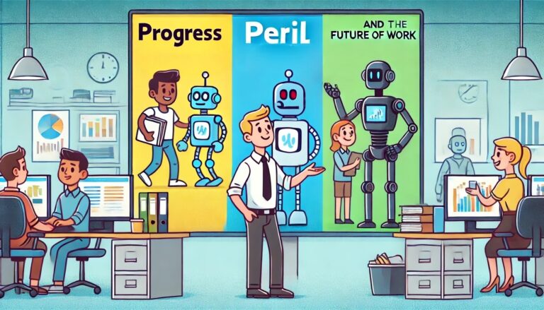 “Progress Peril Future of Work” graphic with friendly robots and office workers, illustrating AI-driven change and the future of work.