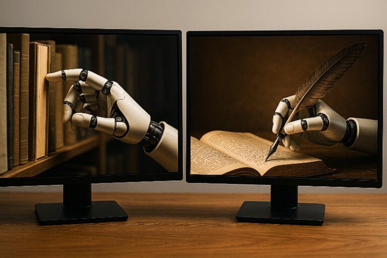 Robotic hands type and write across dual screens, illustrating AI-generated content and copyright risk with patterns and motifs.