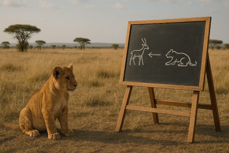 A lion cub with golden fur sits beside a chalkboard that shows simple sketches of a lion and a cheetah, echoing AI’s limits.