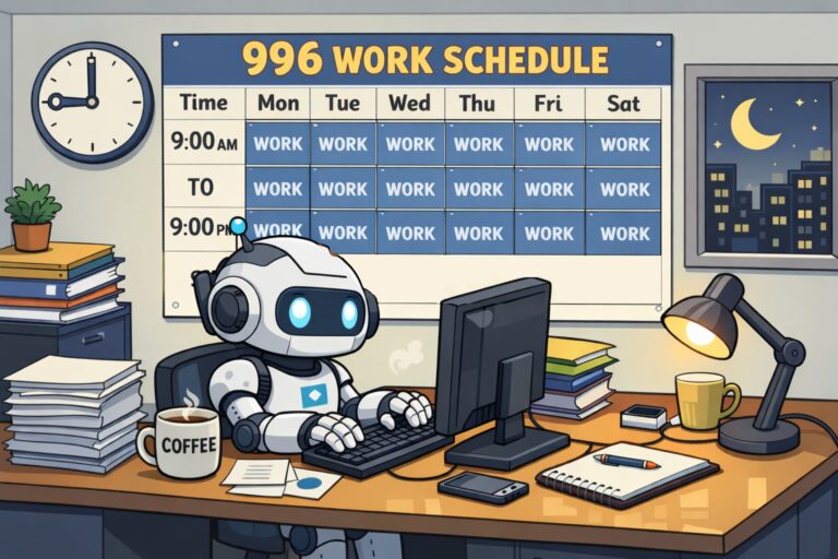 A blue 996 work schedule with a robot at a computer, showing work blocks from 9:00 AM to 9:00 PM across the week.