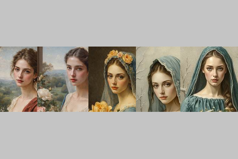 Muted colors and blue headscarf portraits mirror AI “originality” debates, where OpenAI and Microsoft face copyright uncertainty and The New York Times claims.