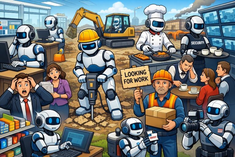 Blue and yellow robots and security droids crowd an AI and jobs future of work scene, with the sign “LOOKING FOR WORK”.