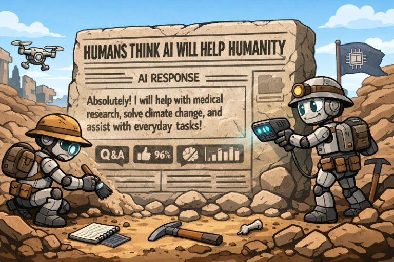 “HUMANS THINK AI WILL HELP HUMANITY” and “AI RESPONSE” appear in a banner as Claude-style robots stand on a rocky path under a blue sky.