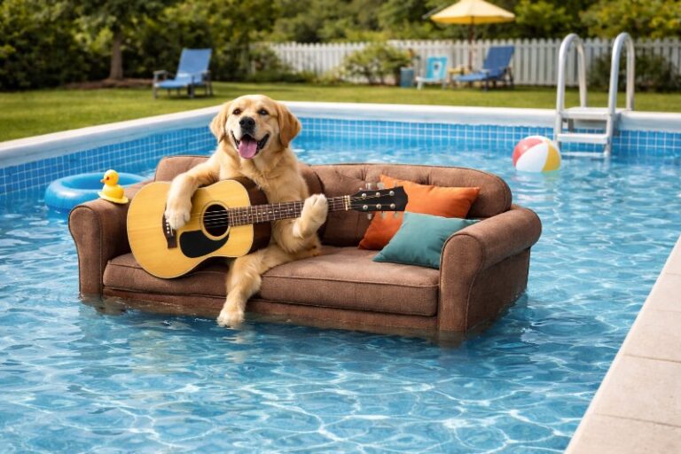 A calm dog sits on a brown lounge chair in a blue pool, holding a guitar while thinking about LLM hallucinations and the interface confidence.