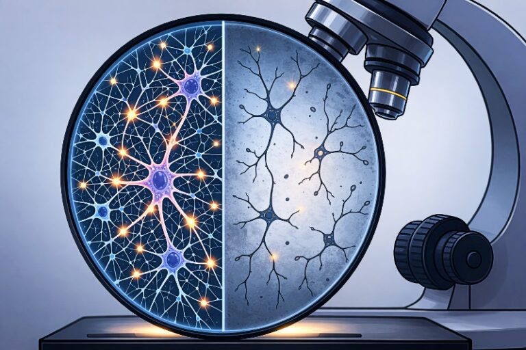 Glowing blue brain neurones under a microscope visualise cognitive atrophy risk, reflecting how AI exposure can quietly change decision-making over time.