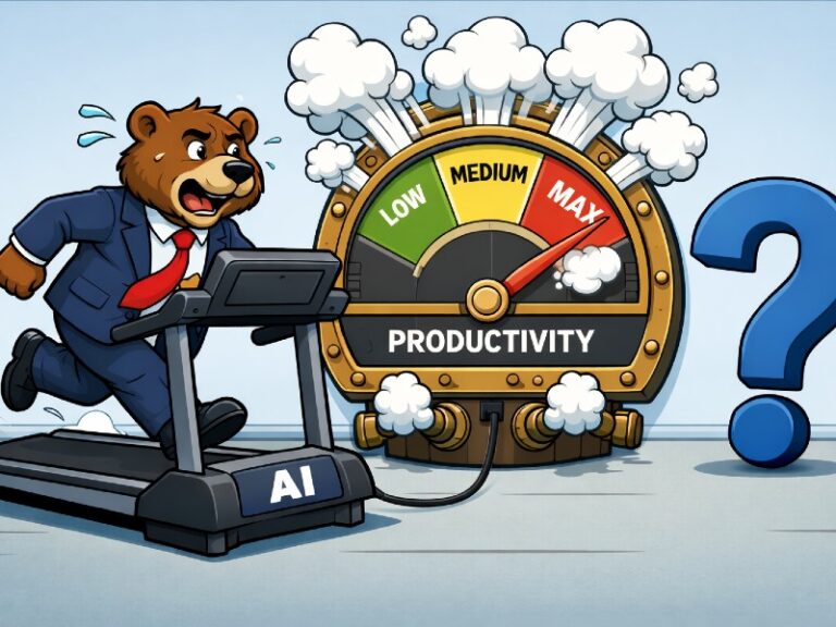AI productivity mirage illustrated with a gold gauge from low to max, a cartoon bear working on a laptop, and a large question mark.