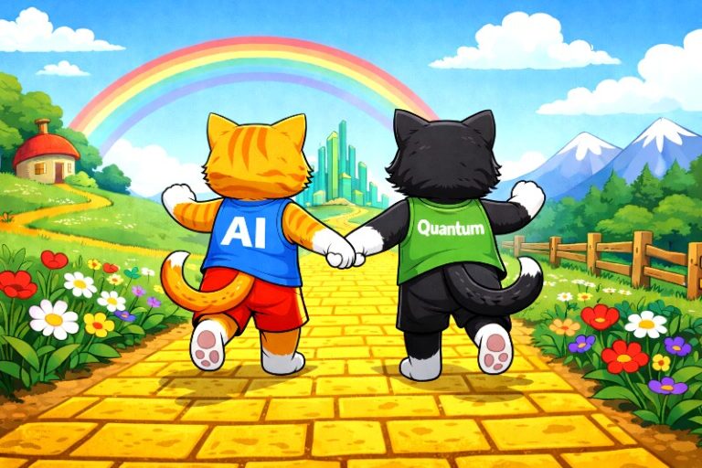 Two cartoon cats labelled AI and Quantum walk hand in hand down a yellow brick road beneath a rainbow.