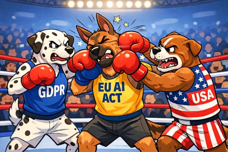 Three boxing dogs in a ring wear GDPR, EU AI ACT and USA jerseys while trading punches under bright arena lights.