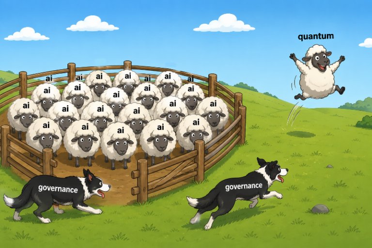 A cartoon sheep marked quantum leaps from a hillside pen while ai-labelled flock stays inside and governance dogs run nearby.