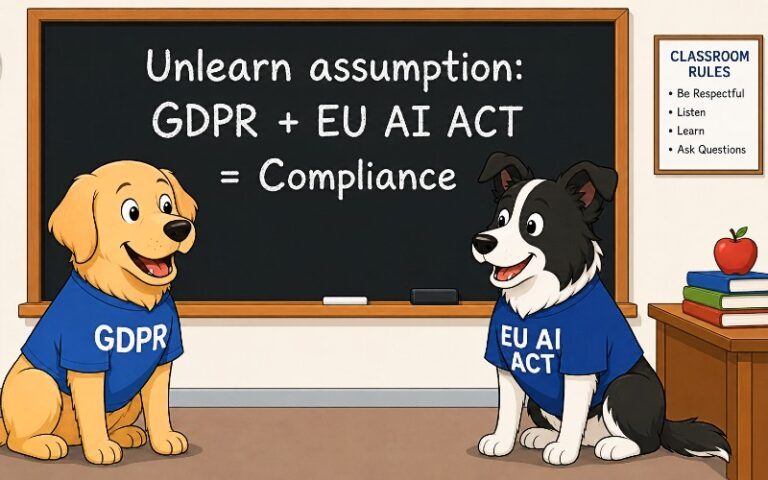 Two cartoon dogs in GDPR and EU AI Act shirts sit by a chalkboard reading “Unlearn assumption: GDPR + EU AI Act = Compliance”.