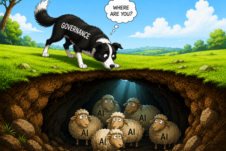 A black-and-white dog marked GOVERNANCE peers into a hole, where sheep labelled AI sit below a speech bubble saying WHERE ARE YOU?