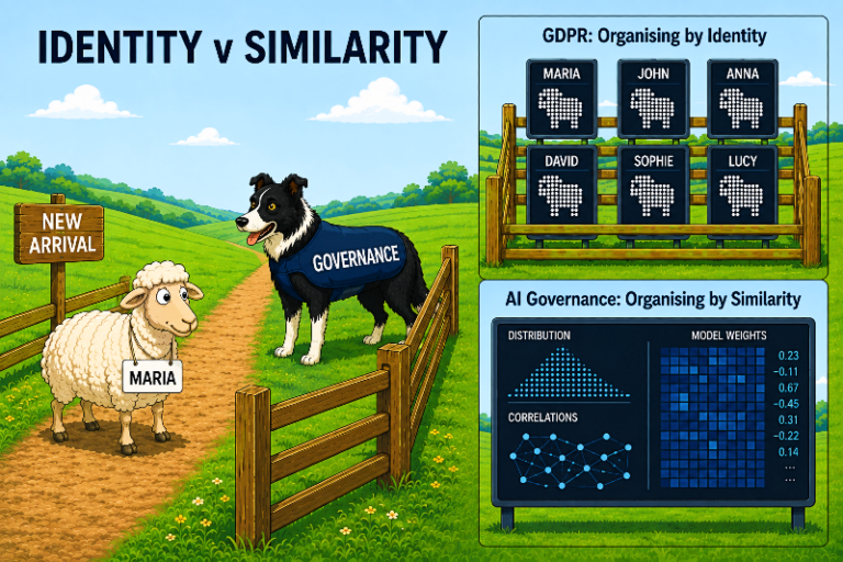 A sheep named Maria and a collie labelled Governance illustrate GDPR identity records beside AI similarity patterns.