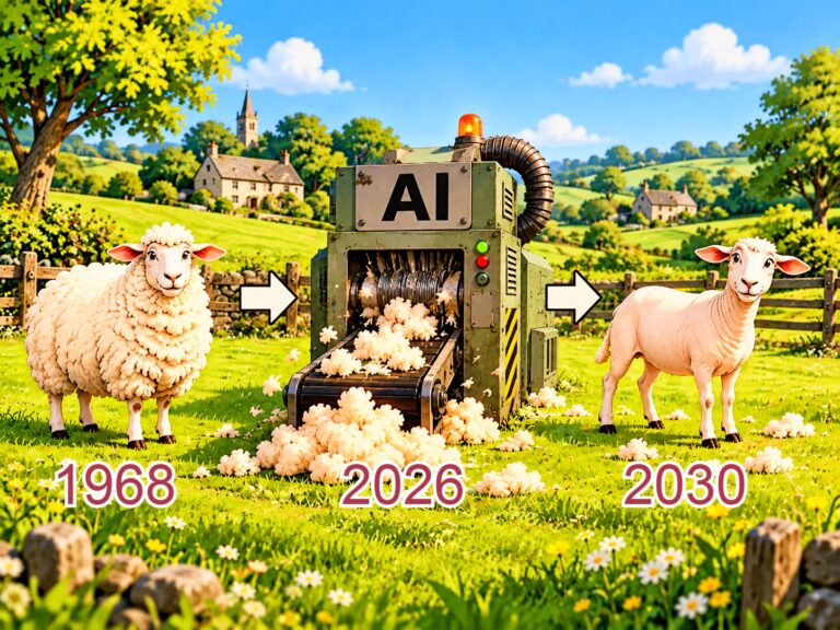 A sheep passes through an AI-labelled shearing machine between 1968 and 2030, illustrating changing privacy risk over time.