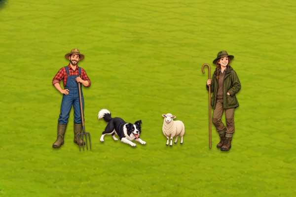 A sheepdog watches a sheep between two farmers in a green field, illustrating how AI governance depends on people and context.