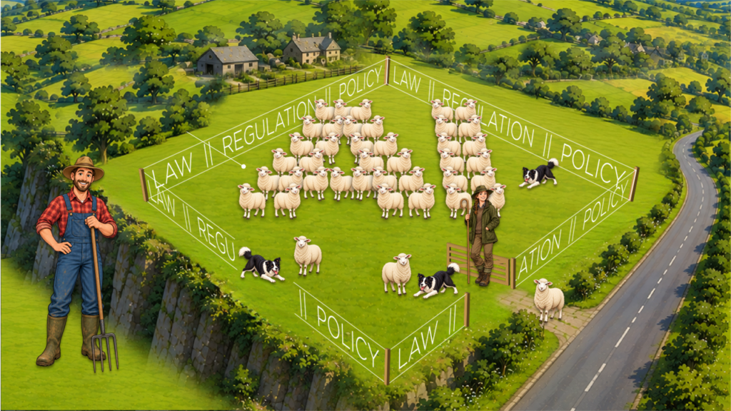 A farmer, farmhand, sheep and herding dogs occupy a green pasture enclosed by a fence marked with law, regulation and policy.