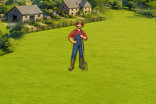 A farmer in a red checked shirt and blue overalls stands with a garden fork in a green field, with farm buildings behind him.