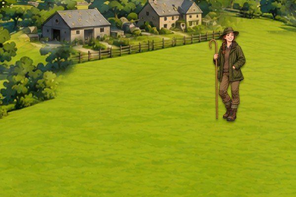 A farmhand in a brown coat holds a crook in a green field, with farm buildings and a wooden fence behind them.