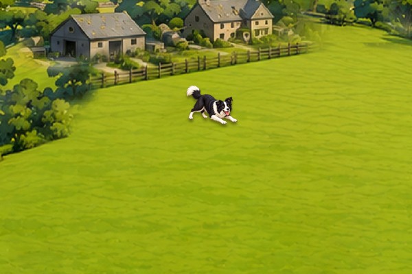 A black-and-white sheepdog runs across a green farm field, with fenced pasture, farm buildings and trees in the distance.