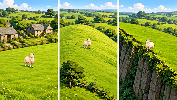 A sheep stands in a fenced farmyard, on an open hillside and beside a cliff edge, as changing surroundings alter its risk.