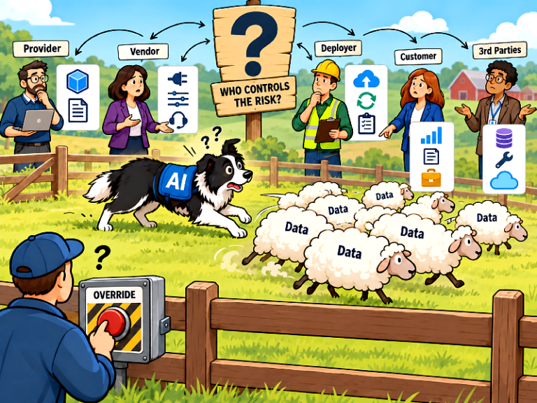 A worker reaches for an override as an AI-vested dog herds data-labelled sheep beneath the question of who controls risk.